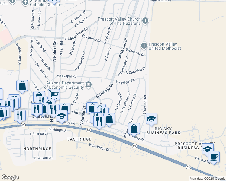 map of restaurants, bars, coffee shops, grocery stores, and more near 3250 North Majesty Drive in Prescott Valley
