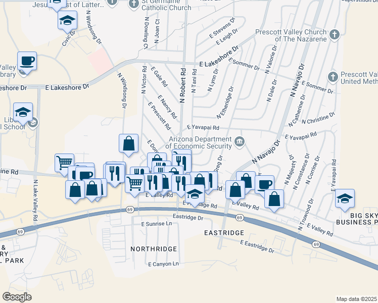 map of restaurants, bars, coffee shops, grocery stores, and more near 3243 North Robert Road in Prescott Valley