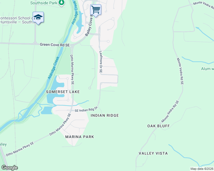map of restaurants, bars, coffee shops, grocery stores, and more near 741 Indian Ridge Drive Southeast in Huntsville