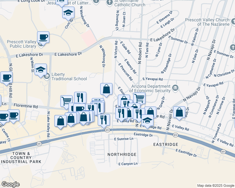 map of restaurants, bars, coffee shops, grocery stores, and more near 3211 N Victor Rd in Prescott Valley