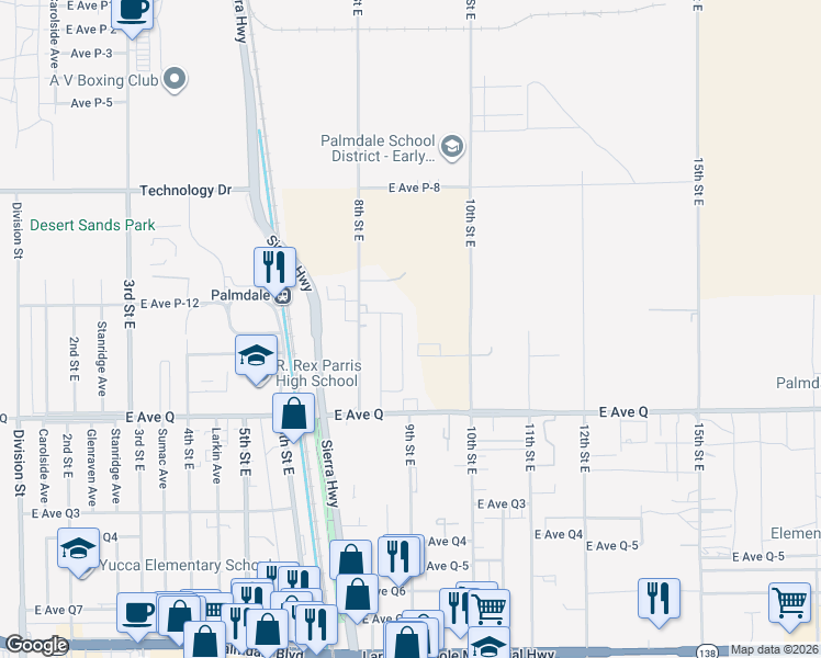 map of restaurants, bars, coffee shops, grocery stores, and more near 38932 9th Street East in Palmdale