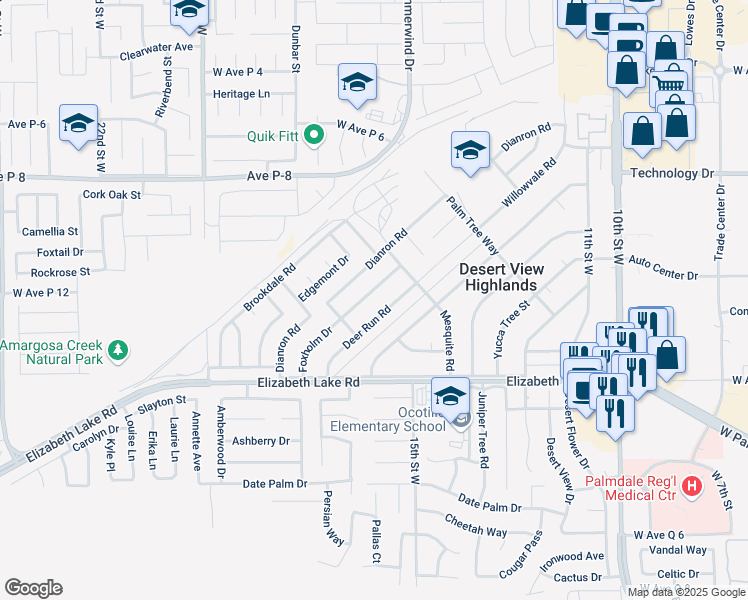 map of restaurants, bars, coffee shops, grocery stores, and more near 38944 Foxholm Drive in Palmdale