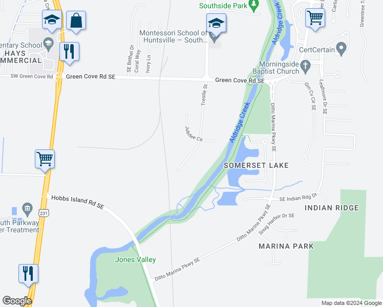 map of restaurants, bars, coffee shops, grocery stores, and more near 16309 Trestle Street in Huntsville