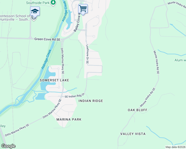 map of restaurants, bars, coffee shops, grocery stores, and more near 741 Indian Ridge Drive Southeast in Huntsville