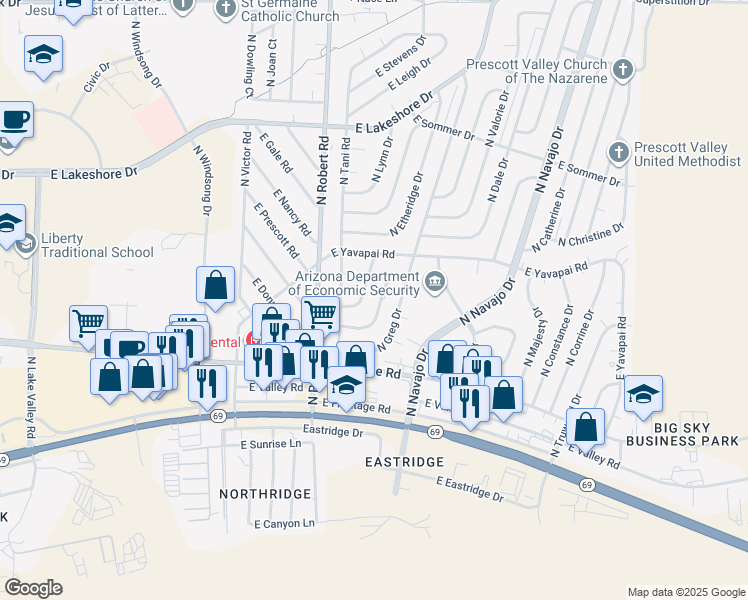 map of restaurants, bars, coffee shops, grocery stores, and more near 3230 North Bumblebee Drive in Prescott Valley