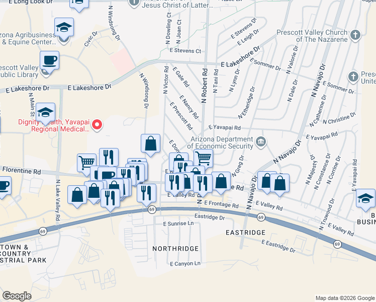 map of restaurants, bars, coffee shops, grocery stores, and more near 8151 E Barbara Rd in Prescott Valley