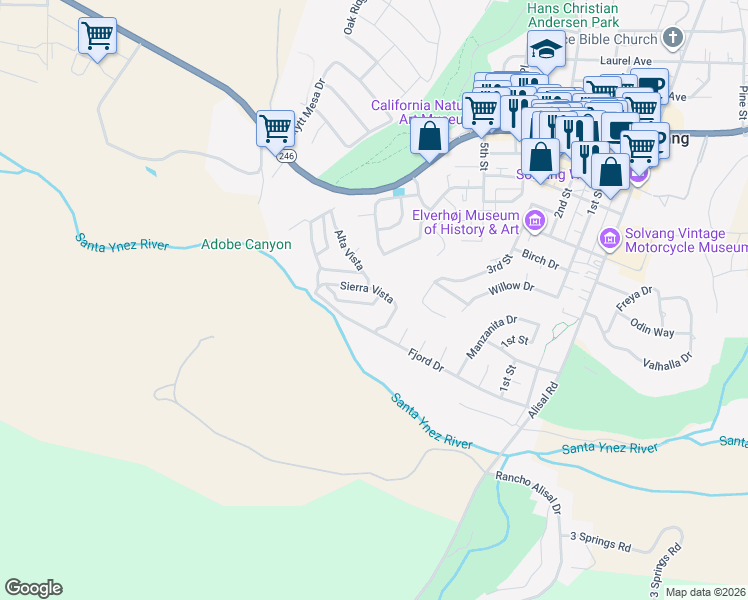map of restaurants, bars, coffee shops, grocery stores, and more near 149 Val Verde in Solvang