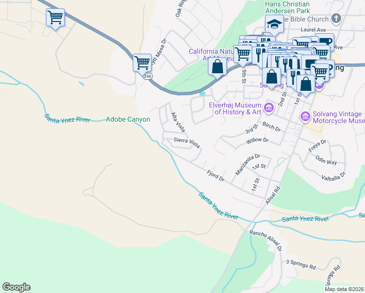 map of restaurants, bars, coffee shops, grocery stores, and more near 149 Val Verde in Solvang