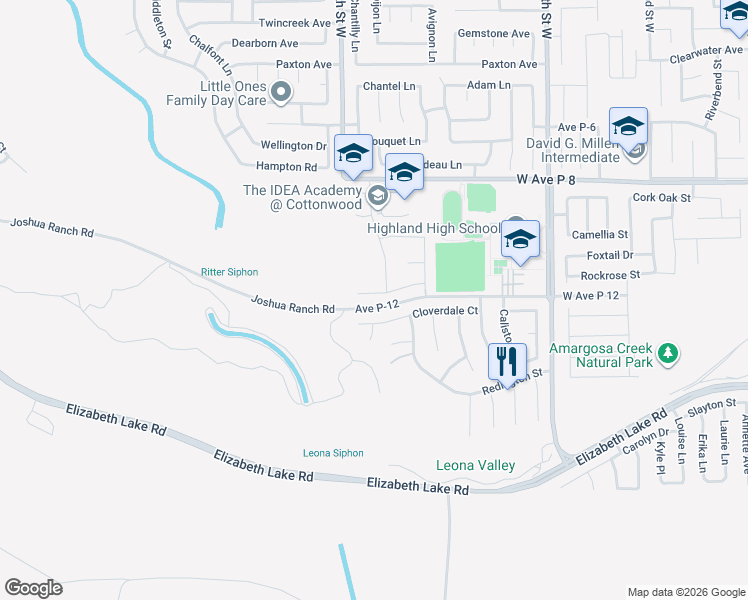 map of restaurants, bars, coffee shops, grocery stores, and more near 2832 Edgewood Court in Palmdale