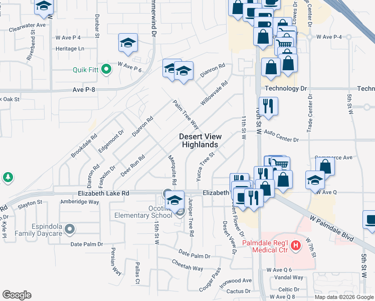 map of restaurants, bars, coffee shops, grocery stores, and more near 38899 Juniper Tree Road in Palmdale