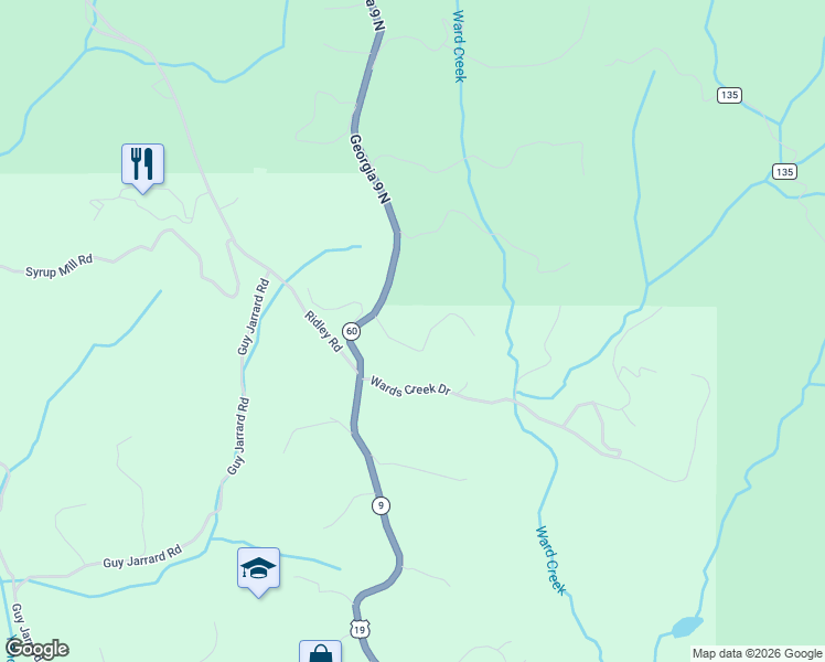 map of restaurants, bars, coffee shops, grocery stores, and more near 69 Orchard Hill Road in Dahlonega