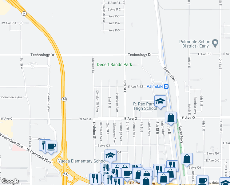 map of restaurants, bars, coffee shops, grocery stores, and more near 38941 Stanridge Avenue in Palmdale