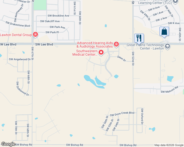 map of restaurants, bars, coffee shops, grocery stores, and more near 1611 Southwest Edward Circle in Lawton