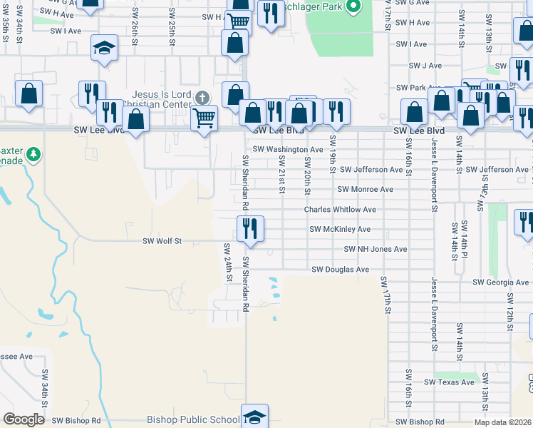map of restaurants, bars, coffee shops, grocery stores, and more near 2113 Southwest McKinley Avenue in Lawton