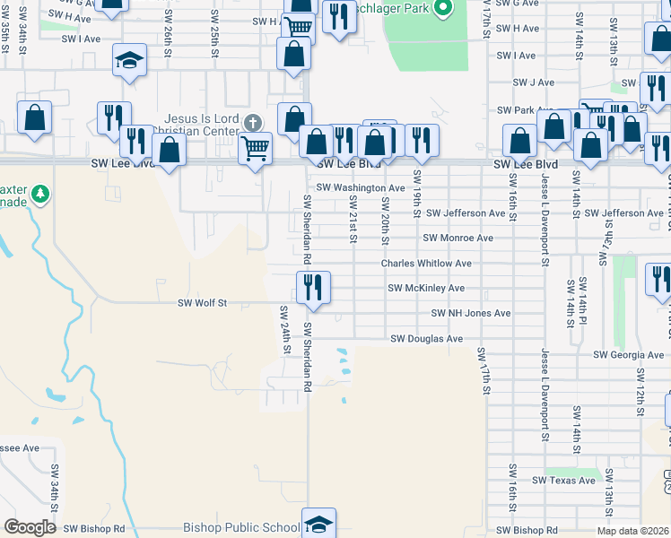 map of restaurants, bars, coffee shops, grocery stores, and more near 2113 Southwest McKinley Avenue in Lawton