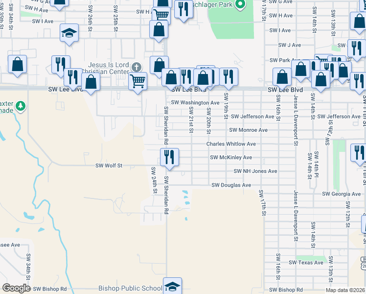 map of restaurants, bars, coffee shops, grocery stores, and more near 2113 Southwest McKinley Avenue in Lawton