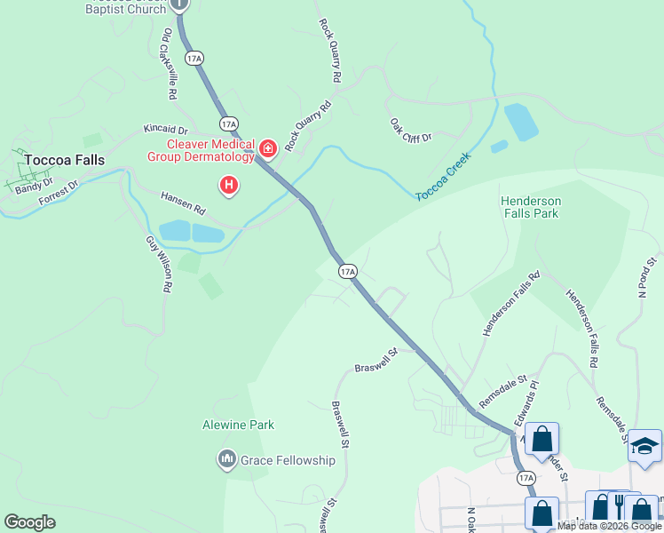 map of restaurants, bars, coffee shops, grocery stores, and more near 929 Falls Road in Toccoa