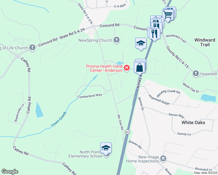 map of restaurants, bars, coffee shops, grocery stores, and more near 500 Covington Court in Anderson