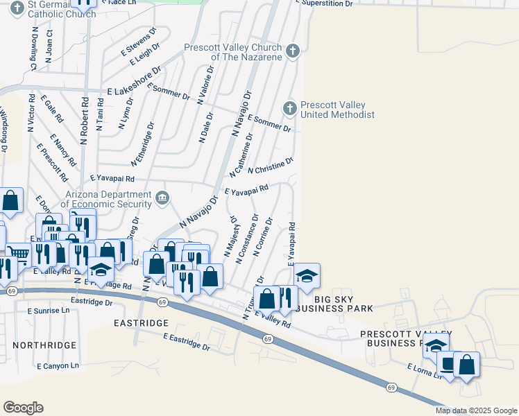 map of restaurants, bars, coffee shops, grocery stores, and more near 3241 North Constance Drive in Prescott Valley