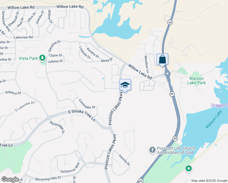 map of restaurants, bars, coffee shops, grocery stores, and more near 1695 Saint Andrews Way in Prescott