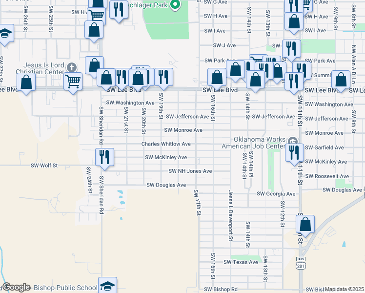 map of restaurants, bars, coffee shops, grocery stores, and more near 1714 Charles Whitlow Avenue in Lawton