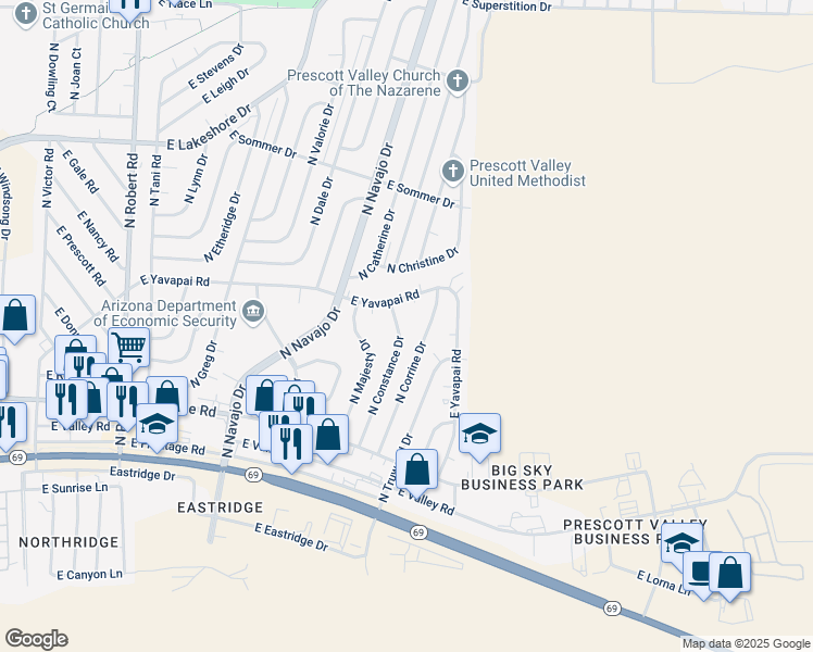 map of restaurants, bars, coffee shops, grocery stores, and more near 3241 North Constance Drive in Prescott Valley