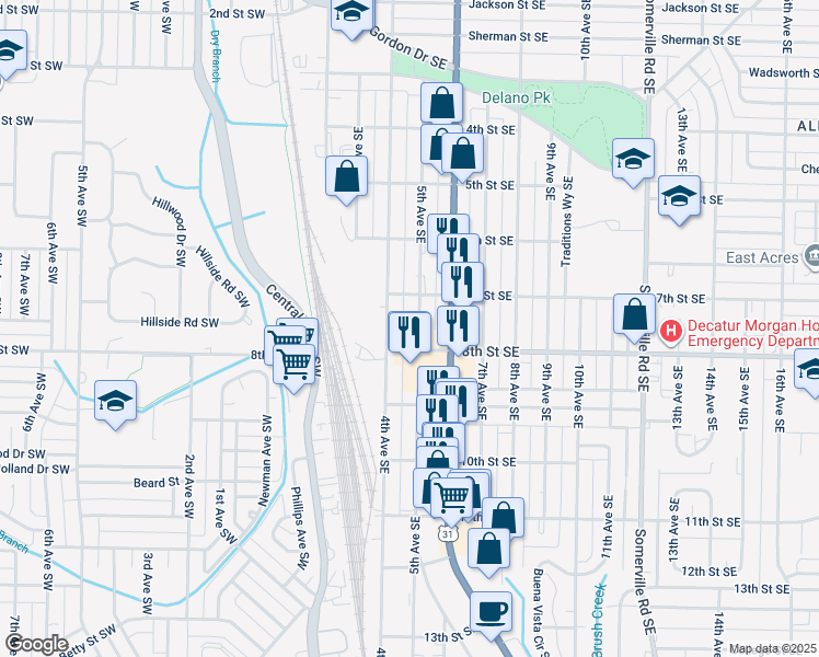 map of restaurants, bars, coffee shops, grocery stores, and more near 1121 5th Ave SE in Decatur