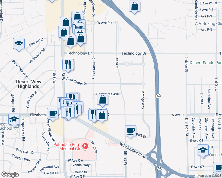 map of restaurants, bars, coffee shops, grocery stores, and more near 575 Commerce Ave in Palmdale