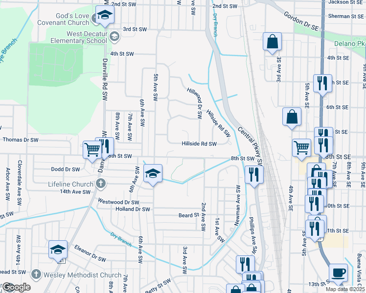 map of restaurants, bars, coffee shops, grocery stores, and more near 312 Hillside Road Southwest in Decatur