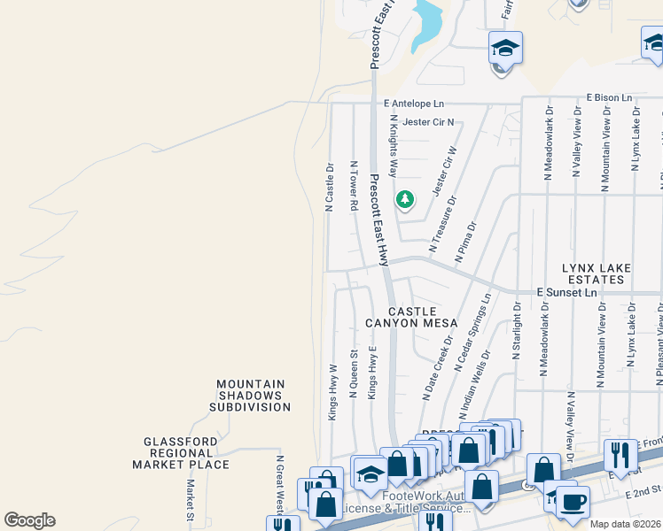 map of restaurants, bars, coffee shops, grocery stores, and more near 6001 East Sunset Lane in Prescott Valley