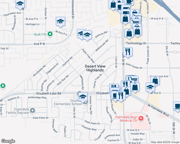 map of restaurants, bars, coffee shops, grocery stores, and more near 38899 Juniper Tree Road in Palmdale
