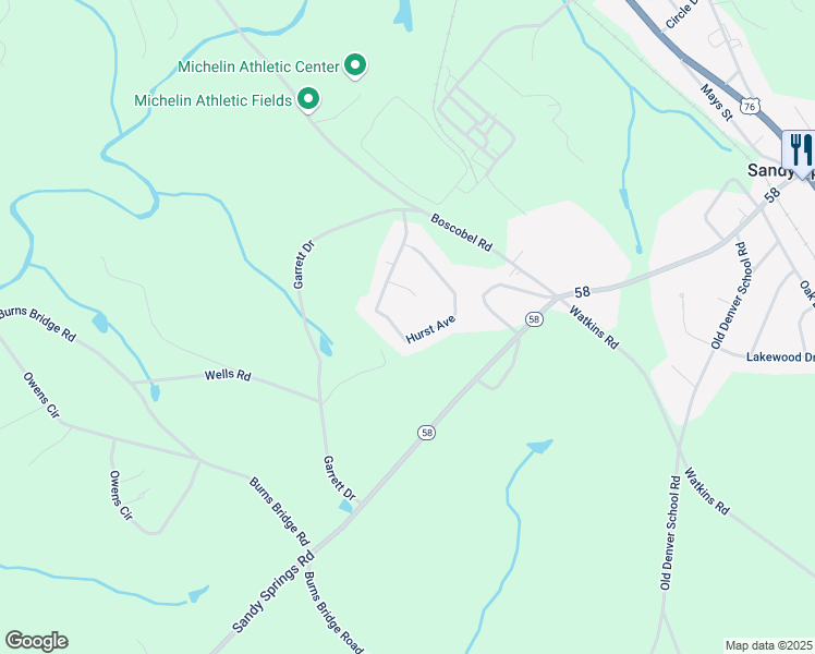 map of restaurants, bars, coffee shops, grocery stores, and more near 119 Hurst Avenue in Anderson