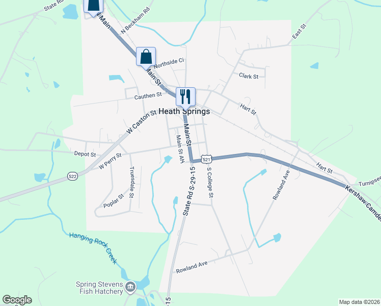 map of restaurants, bars, coffee shops, grocery stores, and more near 209 Main Street in Heath Springs