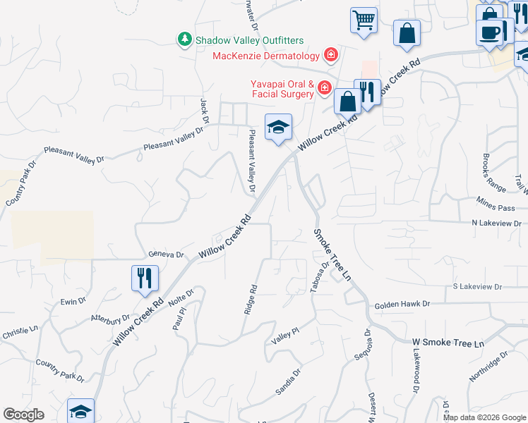 map of restaurants, bars, coffee shops, grocery stores, and more near 2802 Frisco Peaks Drive in Prescott