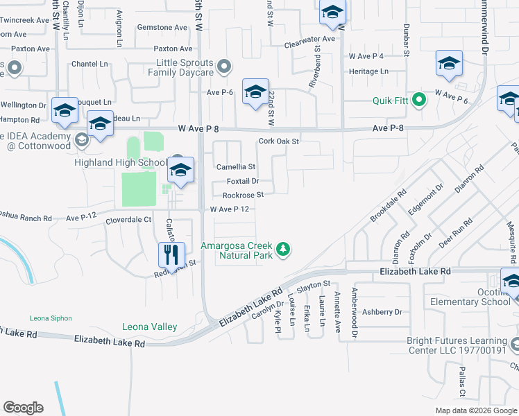 map of restaurants, bars, coffee shops, grocery stores, and more near 38938 Malva Rosa Drive in Palmdale