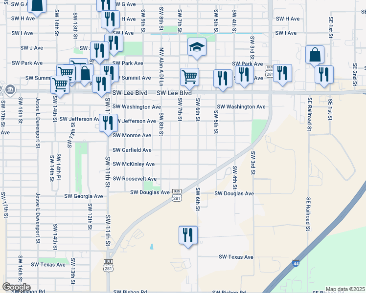 map of restaurants, bars, coffee shops, grocery stores, and more near 1605 Southwest 7th Street in Lawton