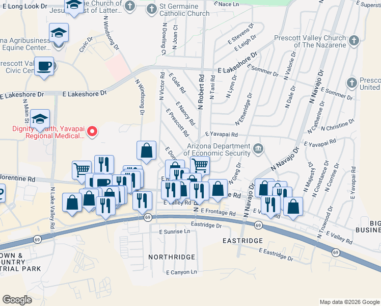 map of restaurants, bars, coffee shops, grocery stores, and more near 8151 East Barbara Road in Prescott Valley
