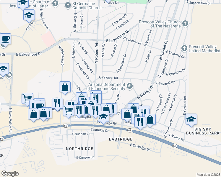 map of restaurants, bars, coffee shops, grocery stores, and more near 3217 North Hedgewood Drive in Prescott Valley