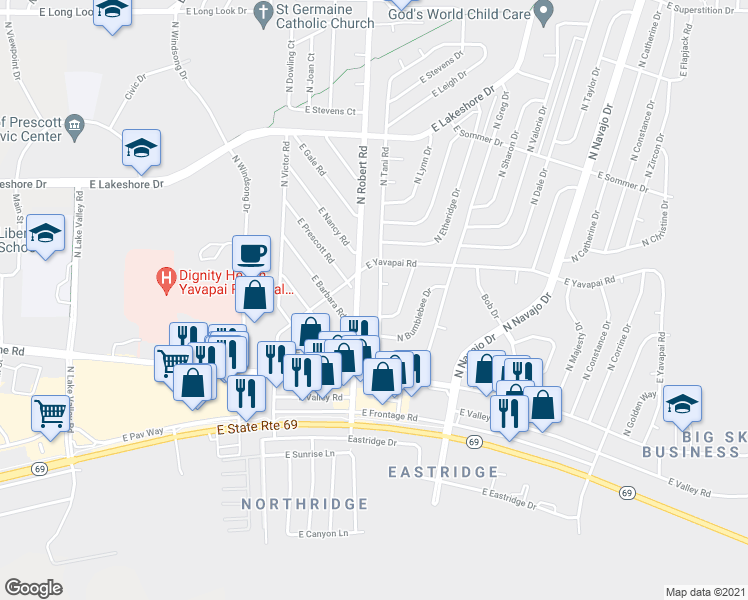 map of restaurants, bars, coffee shops, grocery stores, and more near 3243 North Robert Road in Prescott Valley