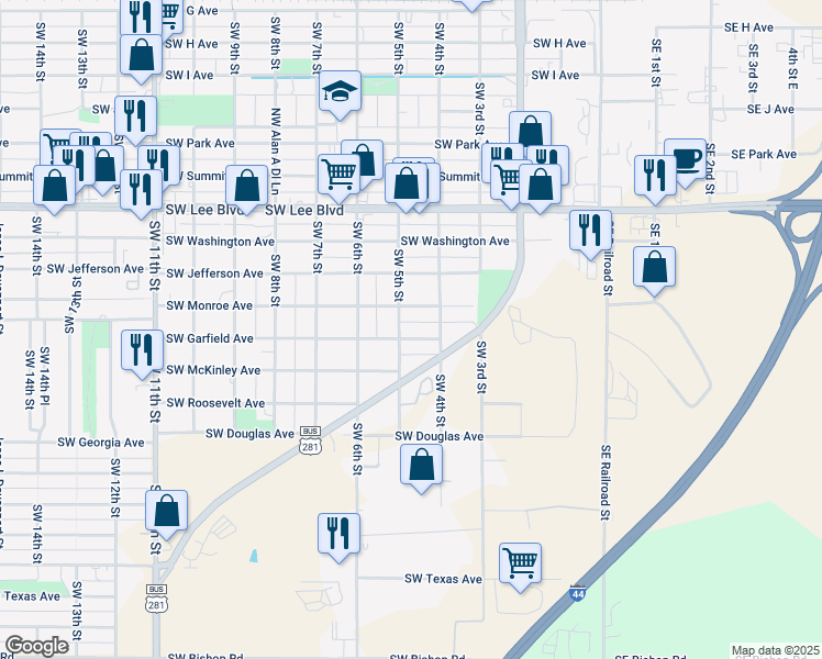 map of restaurants, bars, coffee shops, grocery stores, and more near 1601 Southwest 4th Street in Lawton