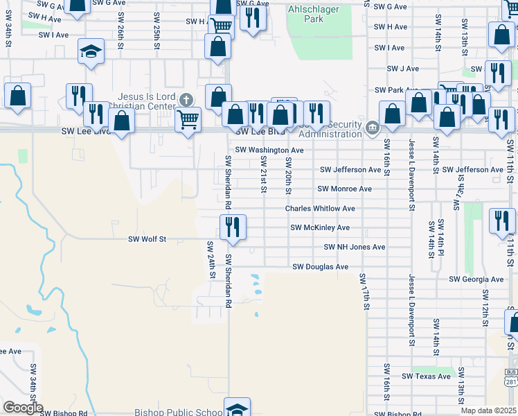 map of restaurants, bars, coffee shops, grocery stores, and more near 2113 Southwest McKinley Avenue in Lawton