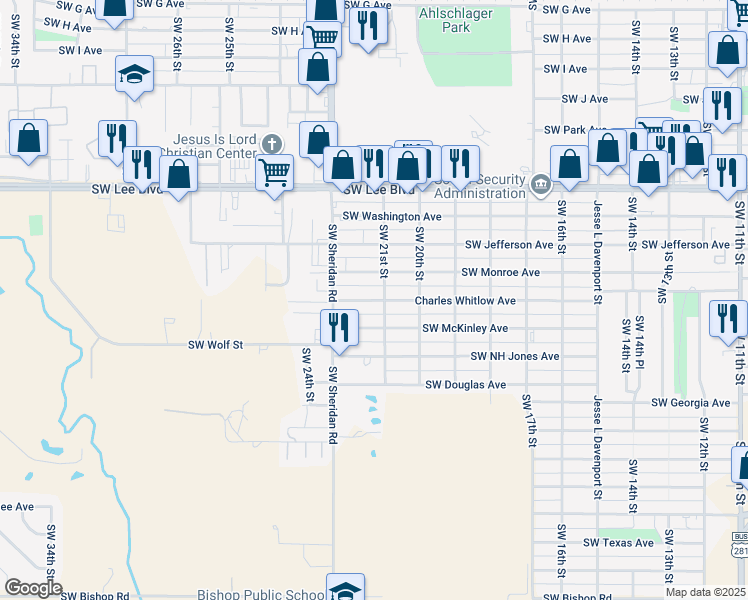 map of restaurants, bars, coffee shops, grocery stores, and more near 2113 Southwest McKinley Avenue in Lawton