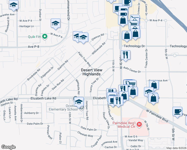 map of restaurants, bars, coffee shops, grocery stores, and more near 38934 Juniper Tree Road in Palmdale
