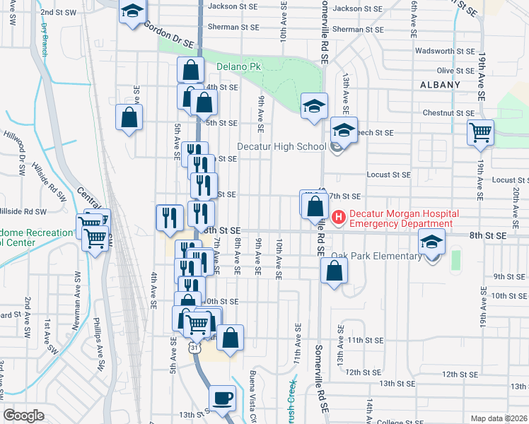map of restaurants, bars, coffee shops, grocery stores, and more near 1116 9th Avenue Southeast in Decatur