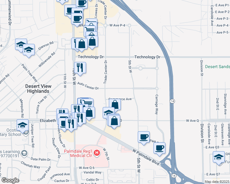 map of restaurants, bars, coffee shops, grocery stores, and more near 632 Auto Center Drive in Palmdale
