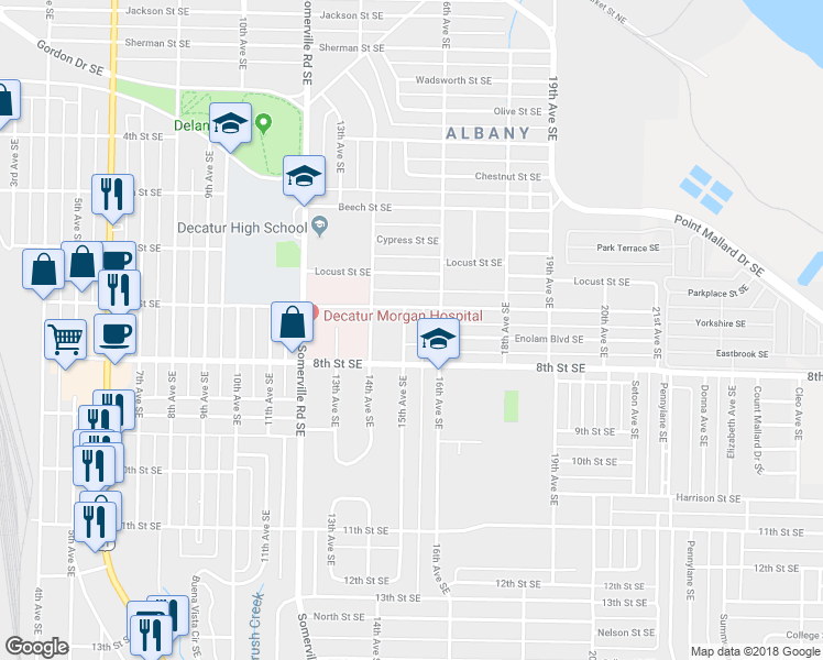 map of restaurants, bars, coffee shops, grocery stores, and more near 1110 15th Avenue Southeast in Decatur