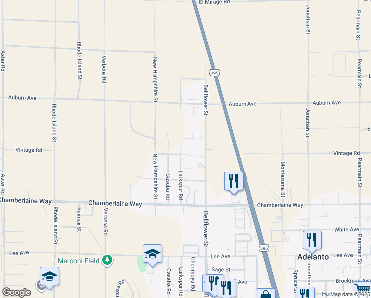 map of restaurants, bars, coffee shops, grocery stores, and more near 11200 Vintage Road in Adelanto