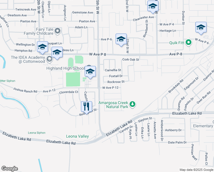 map of restaurants, bars, coffee shops, grocery stores, and more near 2401 West Avenue P 12 in Palmdale