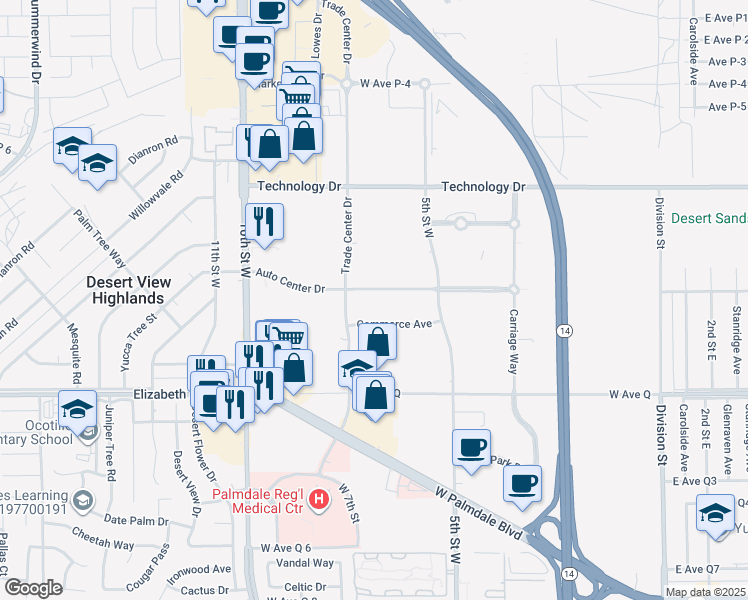 map of restaurants, bars, coffee shops, grocery stores, and more near 632 Auto Center Drive in Palmdale