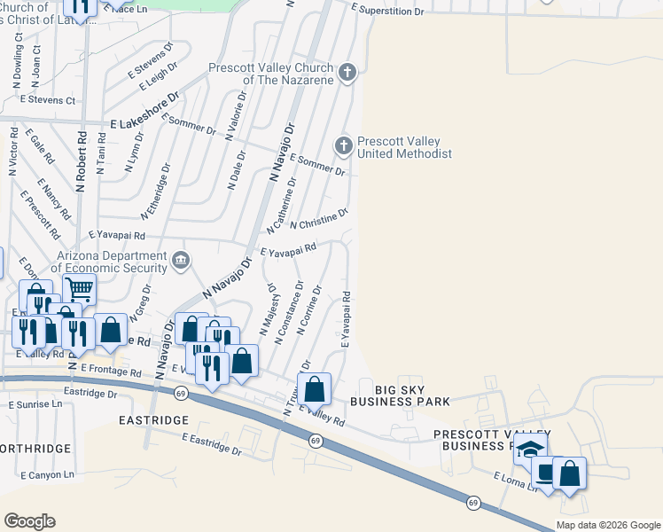 map of restaurants, bars, coffee shops, grocery stores, and more near 3279 North Corrine Drive in Prescott Valley